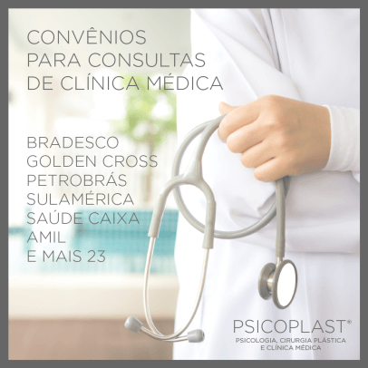 Cônvenios para consultas de clínica médica: Bradesco, Golden Cross, Petrobrás, Sulamérica, Saúde Caixa, AMIL e outros 23 convênios